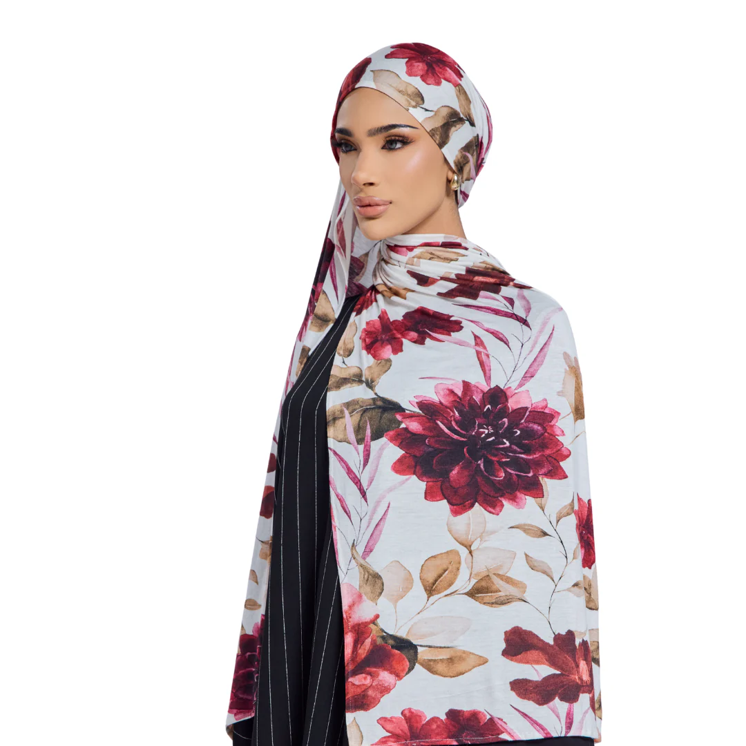 Crimson Floral Jersey Hijab - Image 3