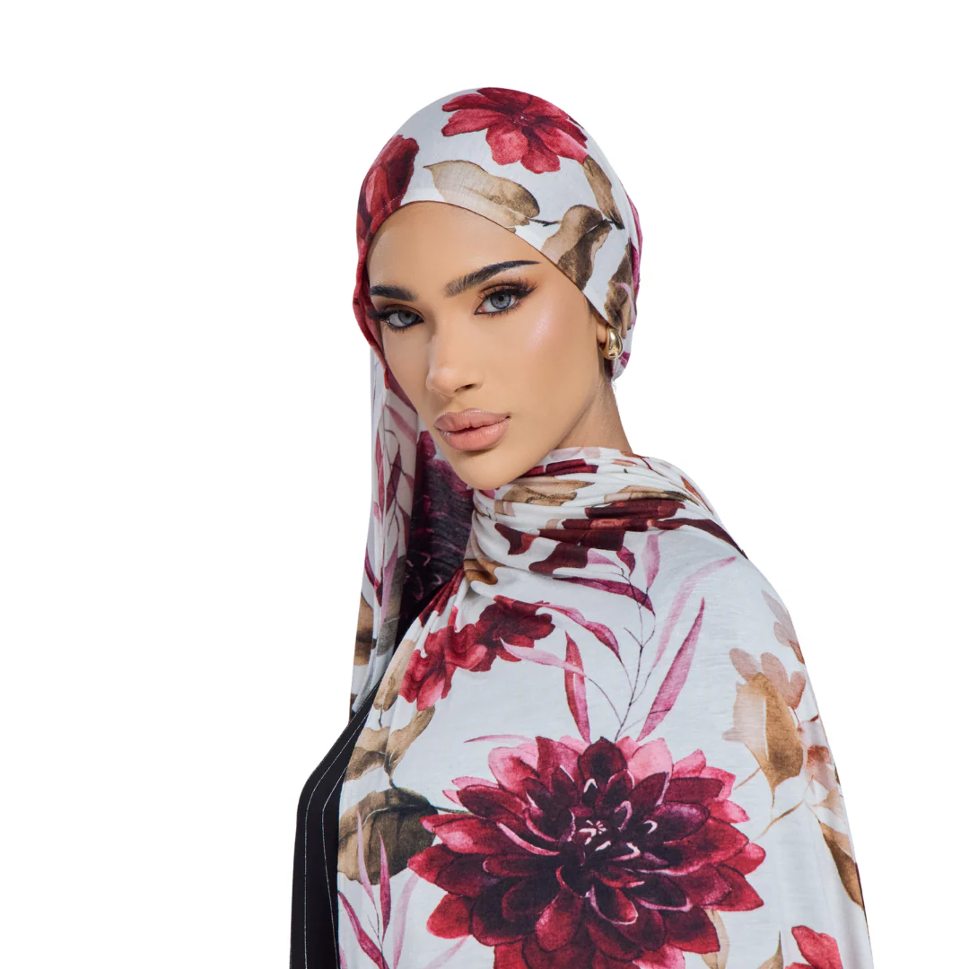 Crimson Floral Jersey Hijab - Image 4