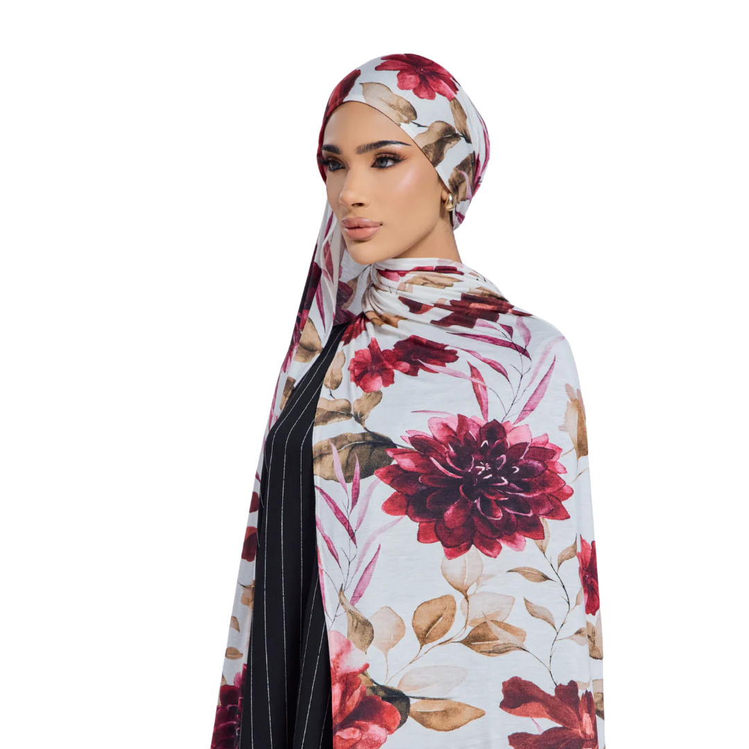 Crimson Floral Jersey Hijab - Image 6